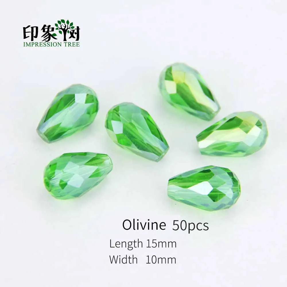 Olivine AB 50PCS 50 шт., 15x10 мм блестящие балетки с блестящими жемчуженками на носке, Форма бисер в виде граненых стеклянных капелькой слезинкой, Стекло разноцветный из бисера, сделай сам, ювелирное изделие, 2975 - Цвет: Olivine AB 50PCS