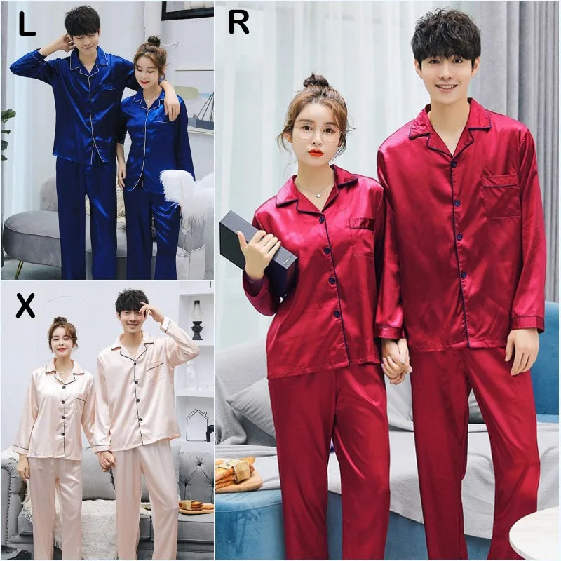 Women Men Ice Silk Satin Pajamas Set Comfy Long Sleeve Sleepwear Pijama Pyjamas Suit Female Male Sleep Two Piece Sets Loungewear | Женская