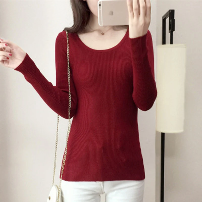 2018 Spring Women O-Neck Sexy Elastic Knitted Sweater Pullover New Brand Female Long Sleeve Top Bottom Shirt Jumper F806 | Женская