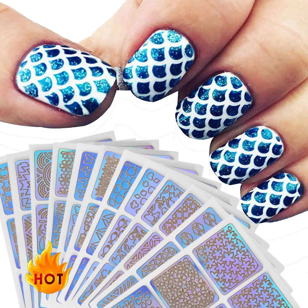 12 Sheets New Nail Irregular Grid Stencil Reusable Manicure Stickers Stamping Template Art Tools Halloween 9.8 | Красота и здоровье