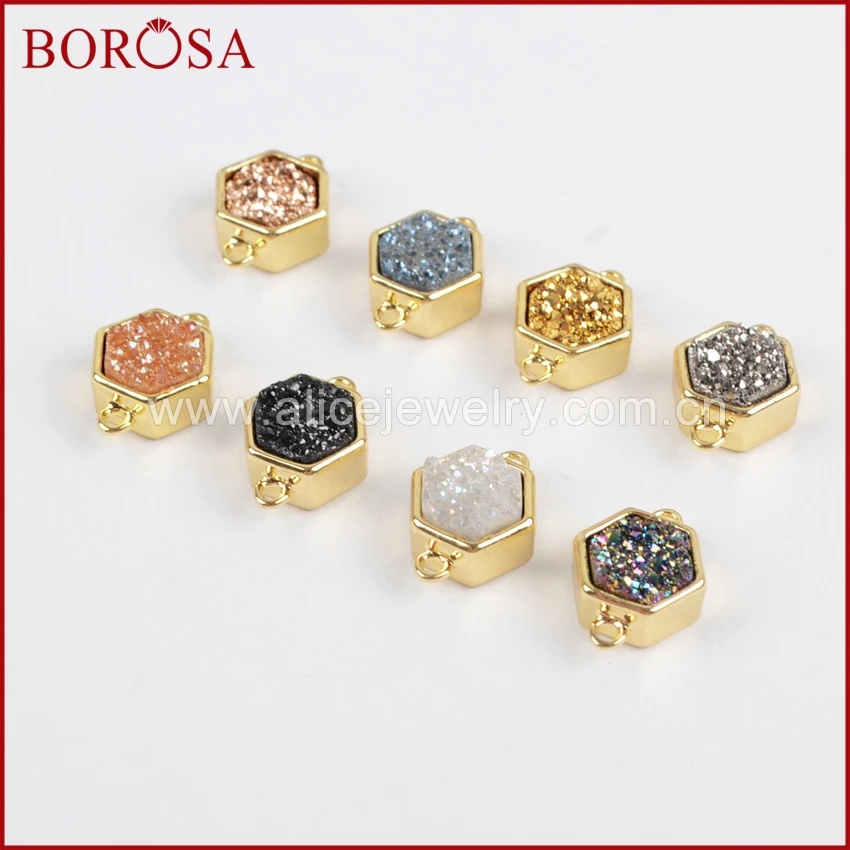 

BOROSA Hexagon Shape Drusy Gold Color Bezel Natural Stone Titanium Rainbow Druzy Gems Connector Double Bails ZG0138