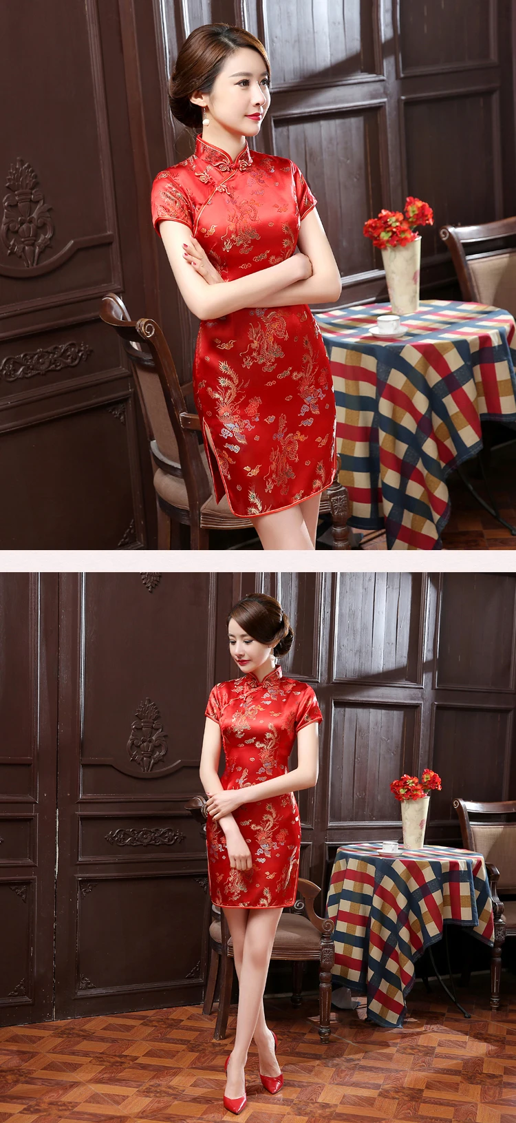 Vintage OLd Shanghai Dragon&Phoenix Qipao Elegant Women Cheongsam Oversize 6XL Mandarin Collar Sexy Short Chinese Dress Vestidos