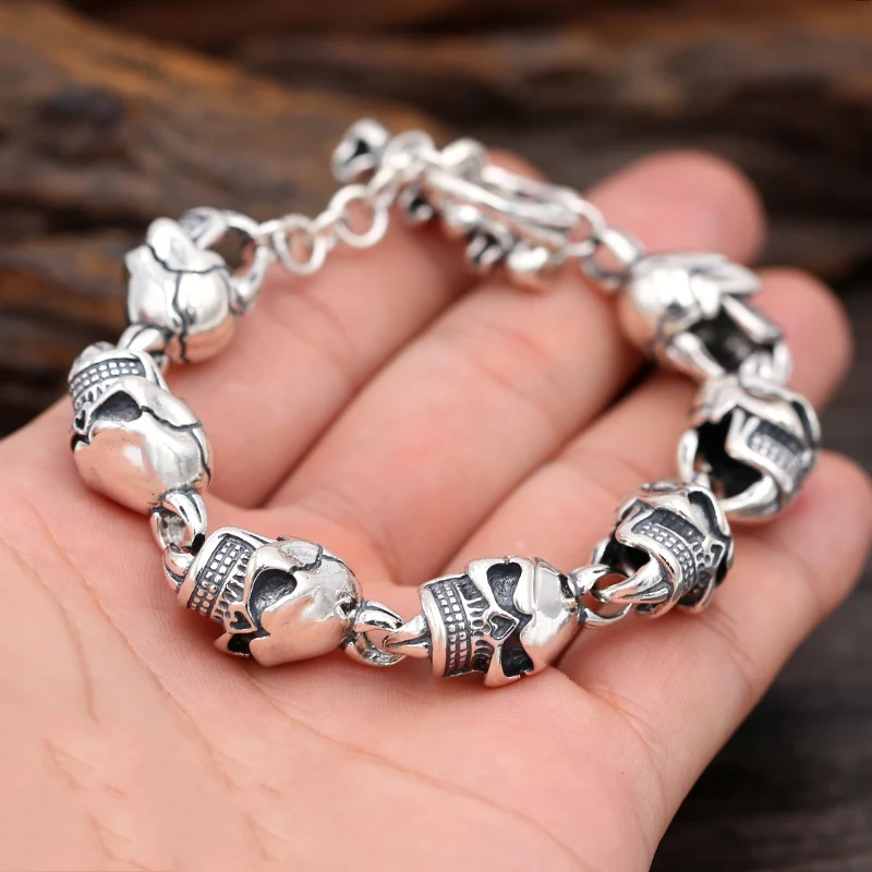 925 пробы Серебряный браслет мужские украшения Винтажные 13 мм широкий Череп Шарм