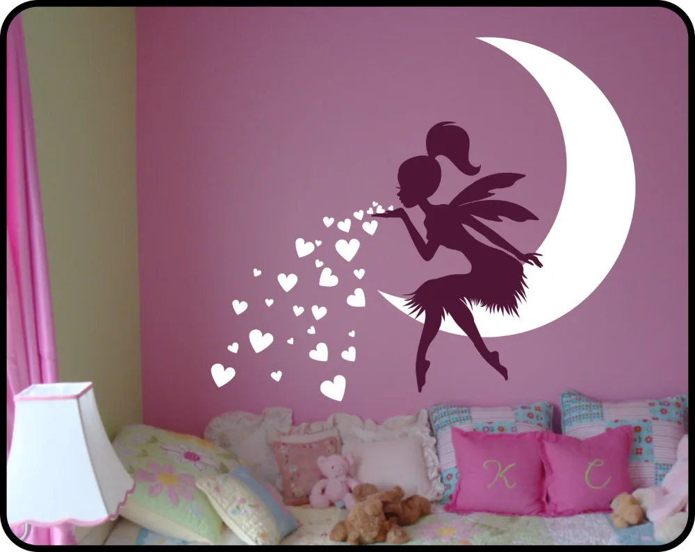 Calcomanía de pared de princesa para dormitorio de niña, pegatinas de pared con corazón de Luna y Hada encantadora para habitación de niños, arte de pared de guardería de bebé, Mural de Vinilos A531
