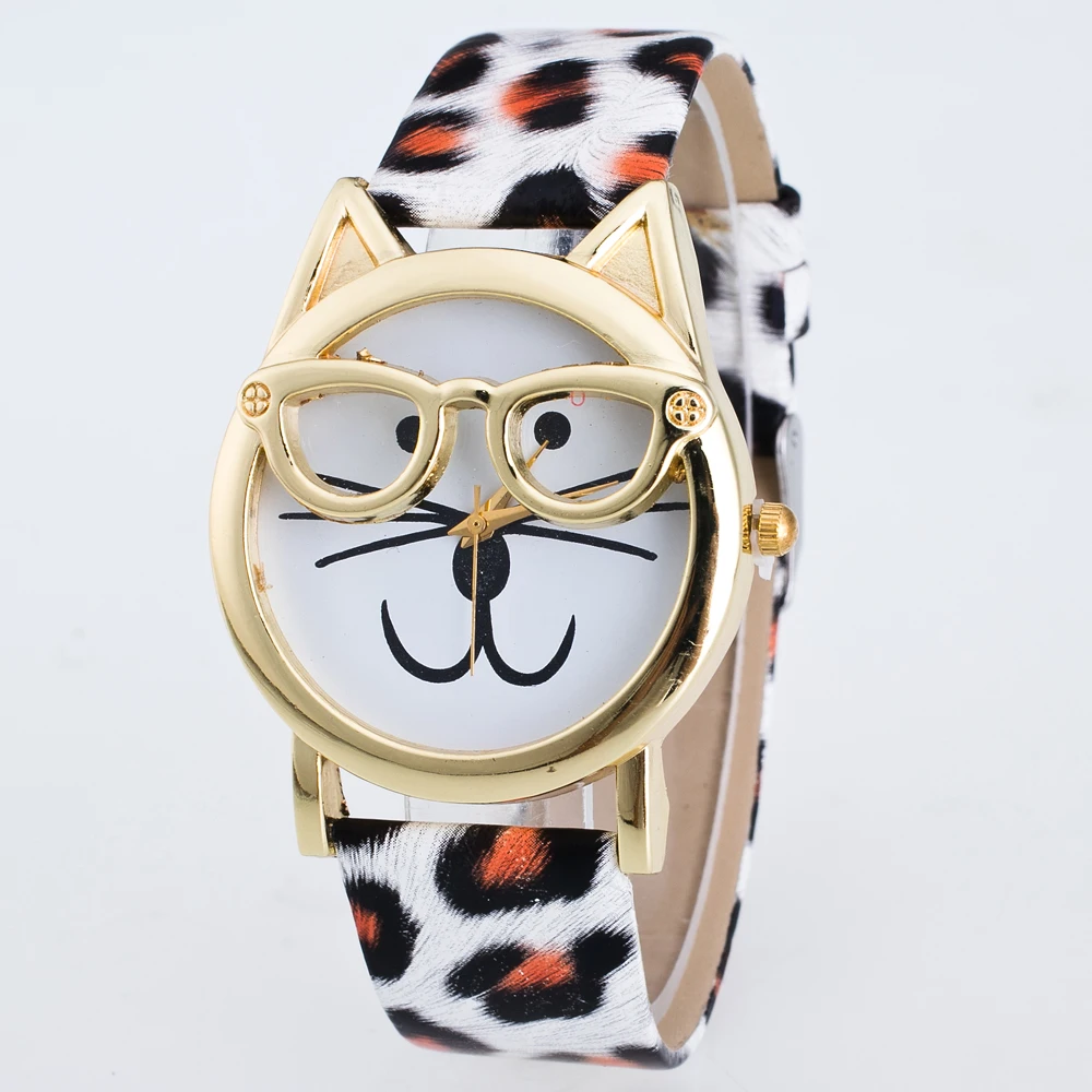 Модные женские часы Симпатичные очки Cat Leopard зерна кожа круглый роскошные дамы