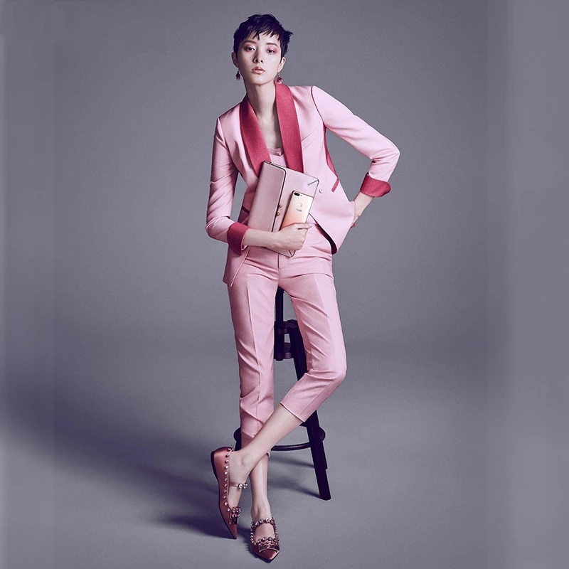 

2019 Spring Autumn Women Fashion Pink Patchwork Pants Sets Office Ladies Shawl Collar Coat Blazer + Vests + Pants Y215