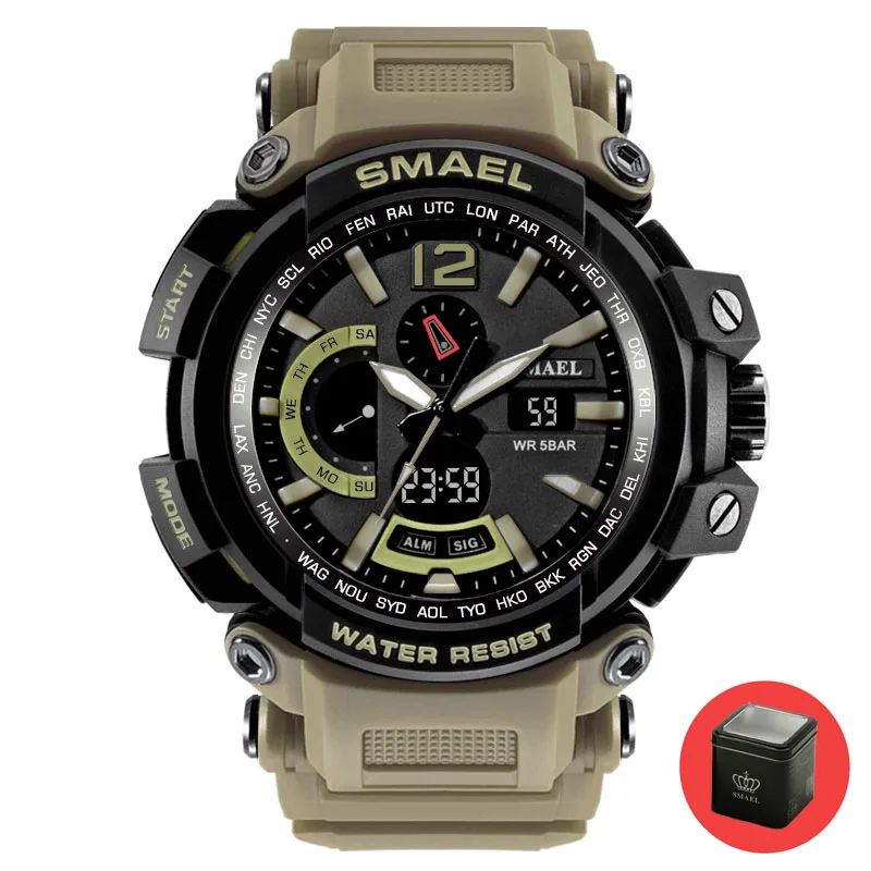 Khaki with box SMAEL, наручные часы для мужчин, брендовые, Relogio Masculino, водонепроницаемый светильник, модные часы для мужчин, 1702, часы для мужчин, военные, армейские, цифровые - Цвет: Khaki with box