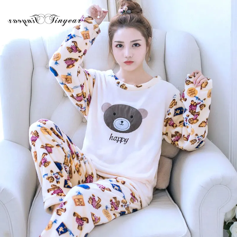 Tinyear women fleece pajamas Large size M-2XL Full sleeve Round neck Winter pajama for girls Sleeping set 6 colors optional | Женская