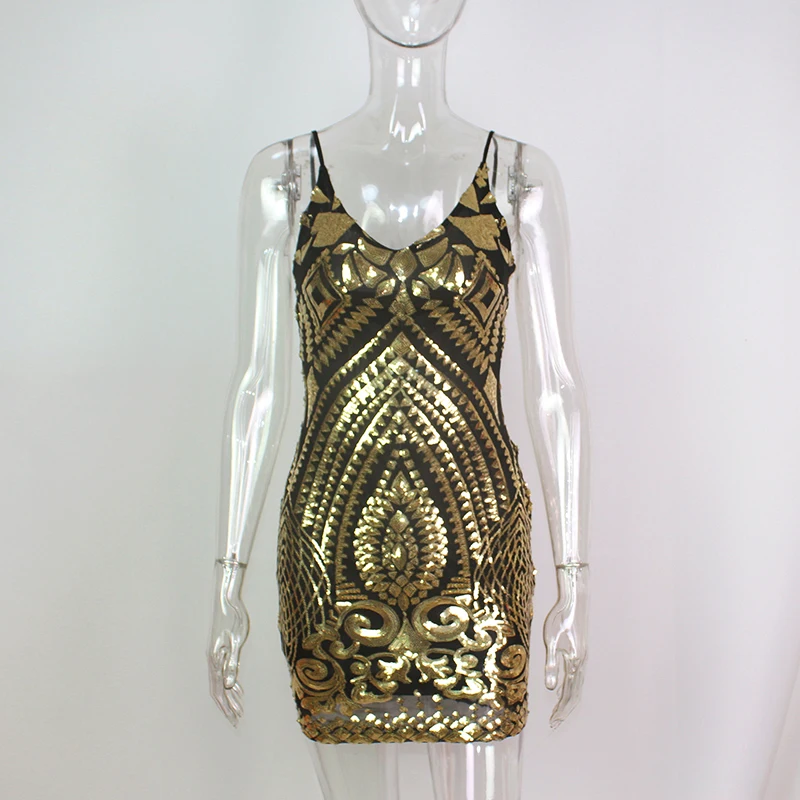 Сексуальные Платья на тонких бретелях с золотыми блестящими блестками мини