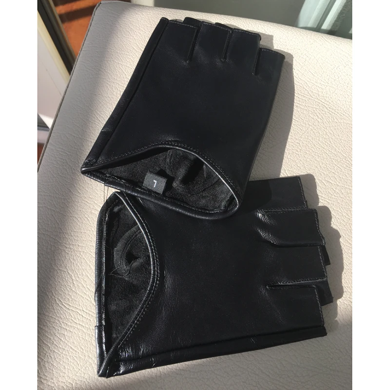 Перчатки из натуральной кожи с натуральным козлом черные перчатки полупальцами