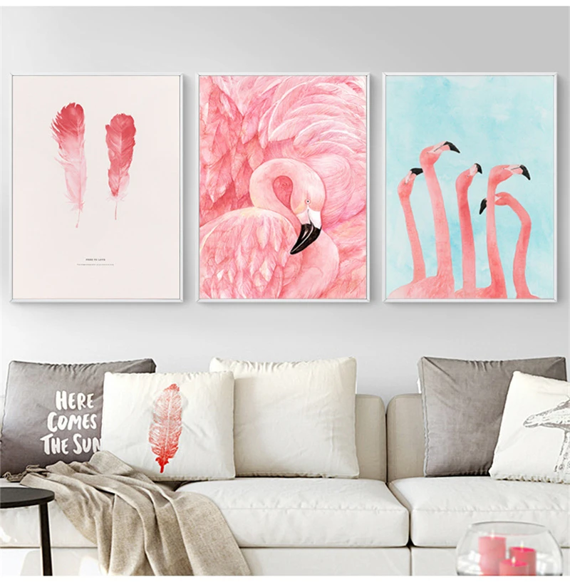 Современные розовый Фламинго Перо росписи Плакат плоть основе животного