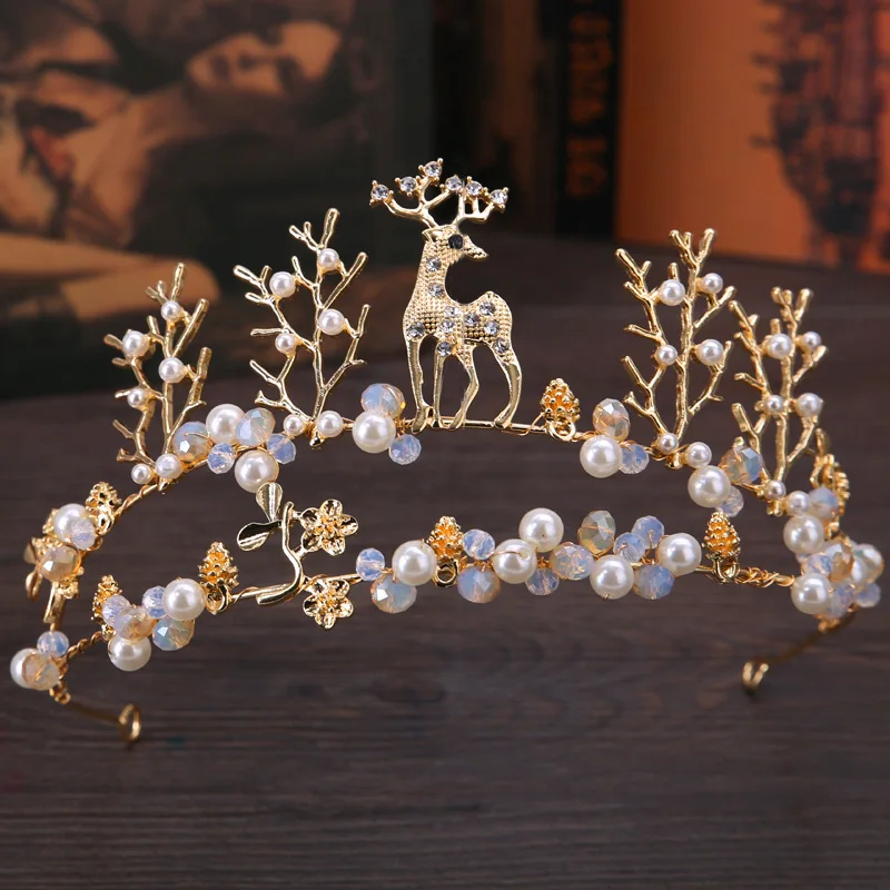 

2018 New Style Deer Pearl Crown Bride Hair accessories Gold Animal Crown Hairwear Wedding Jewelry