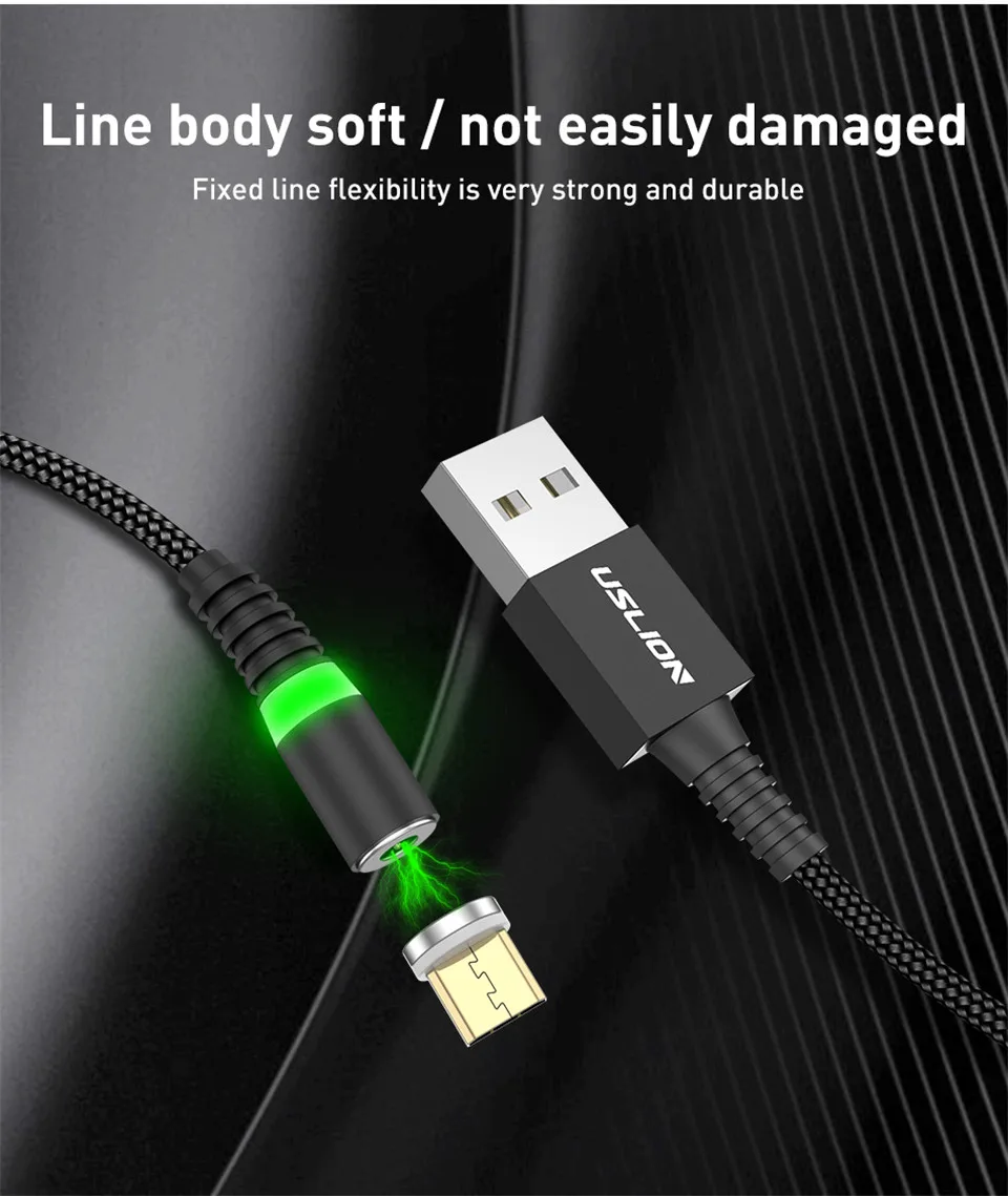 USLION 1 м светодиодный магнитный кабель usb type C кабель для iPhone Xs Max XR 8 7 6 Магнитный зарядный Micro USB кабель зарядный провод шнур USB C