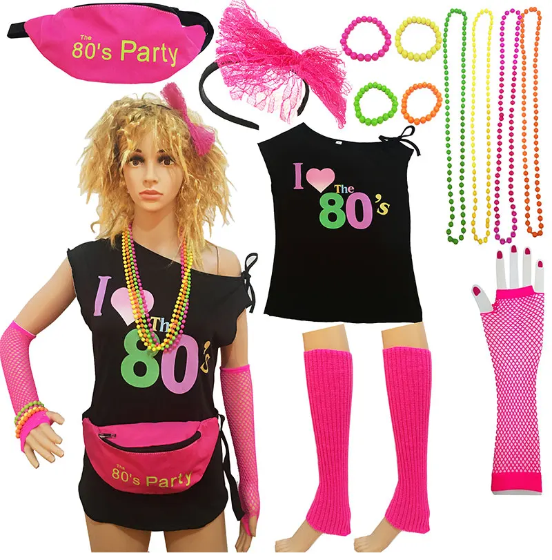 pink 80s тема вечерние подарки 80s Костюм для женщин и аксессуары набор подарок для девушки поясная Сумка Браслет повязка на голову 80s футболка подарок - Цвет: pink