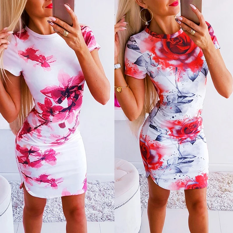 Женское платье с цветочным принтом облегающее вечернее летнее короткими