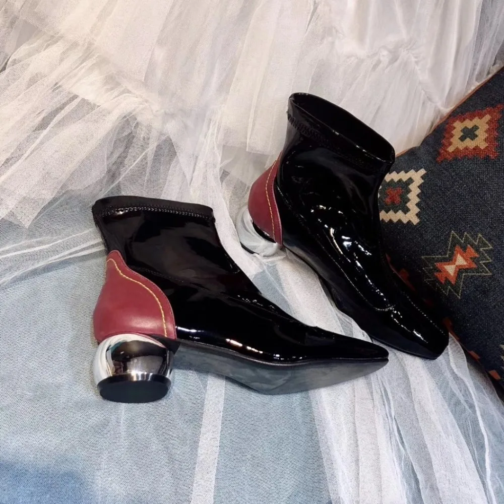 2018 г. осенне зимняя женская модная обувь ботильоны из лакированной кожи с