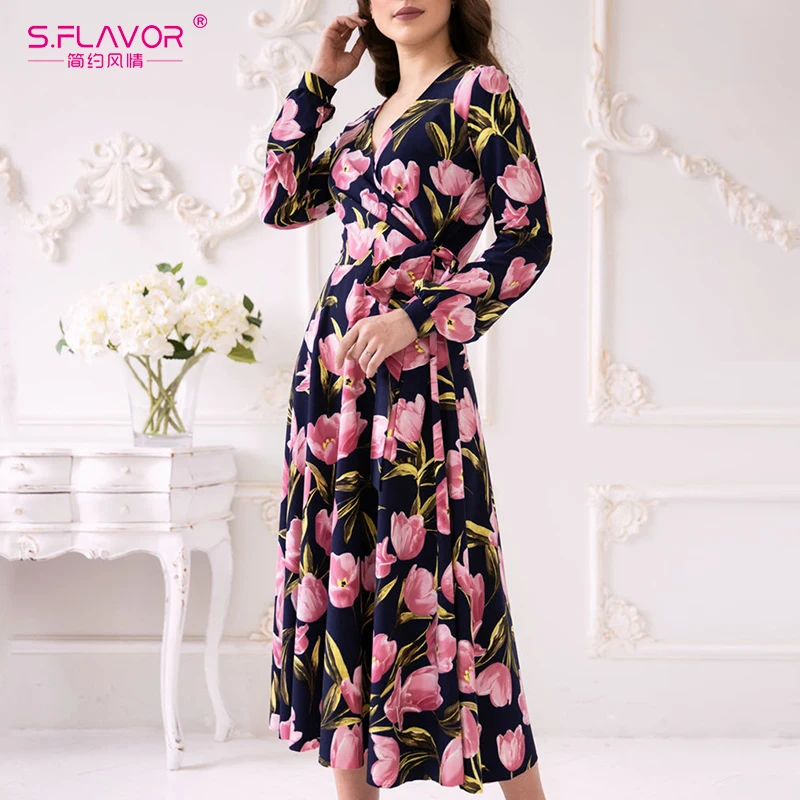 S.FLAVOR Flowers Printed Women Dress Elegant V neck Sexy Party Vestidos De Festa Autumn Winter Casual Dresses|Женские платья| |