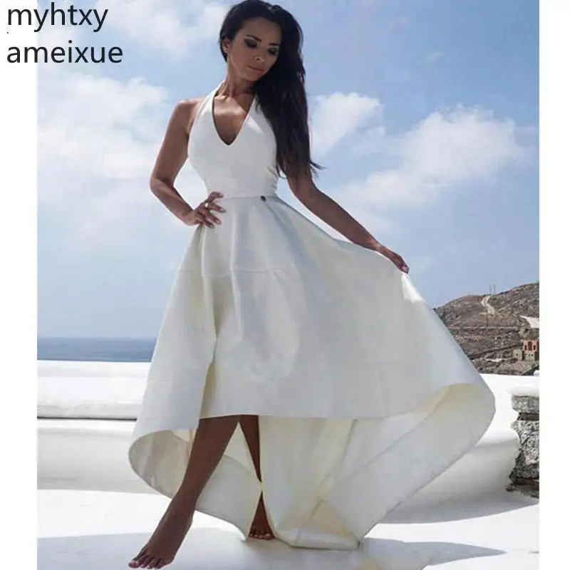 

High-low White Sexy Wedding Dress 2021 A Line Bridal Dress Halter Neck Sexy Romantic Floor Length Wedding Gowns Traje De Novia