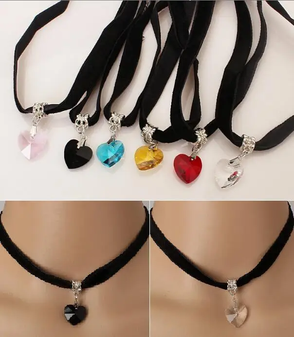 

Japanese Velvet Necklace Japan Harajuku Retro European And American Heart Shaped Crystal Pendant Lace Black Peach Heart Necklace