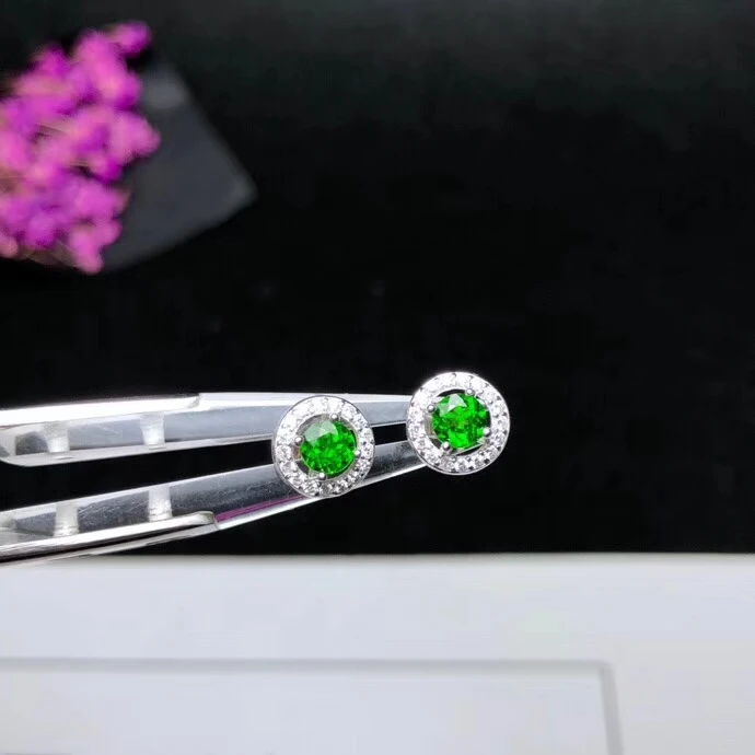 fresh green diopside gemstone earrings 925 silver fine jewelry round natural gem stud color girl ornament gift | Украшения и