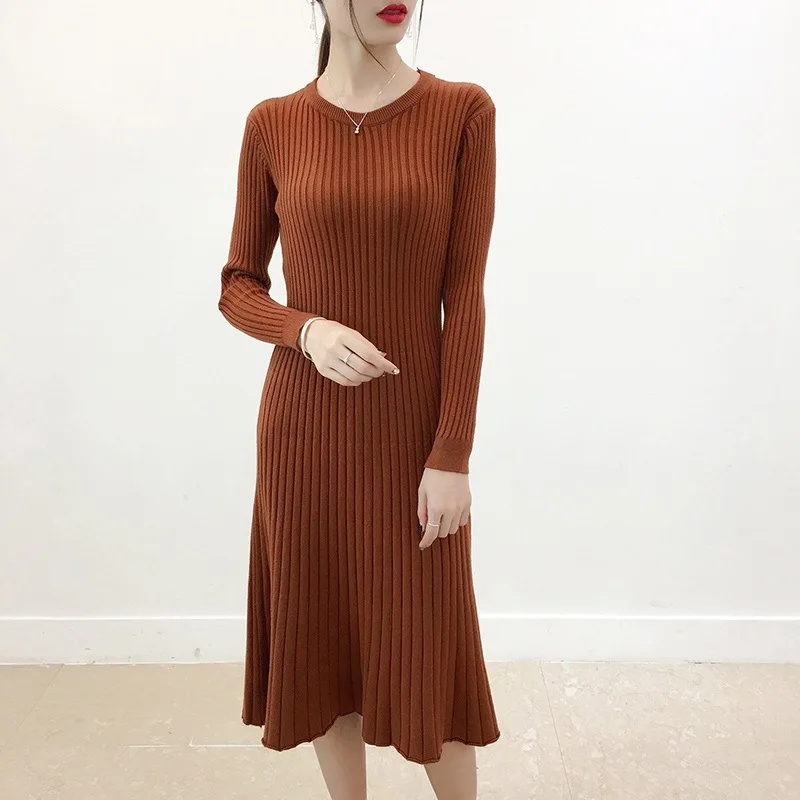 Однотонное длинное платье свитер женские зимние платья 2018 с круглым вырезом