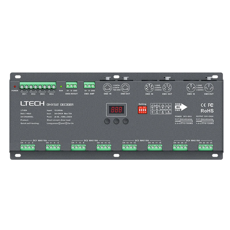 Новый светодиодный DMX декодер DC 12 В 24 вход 3A * 24CH Max 72A 1728 Вт Выход канала CV XLR 3/RJ45 Led RGB