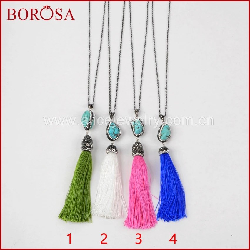 

BOROSA 30'' Blue Stone Tassel Necklace Freeform Blue Howlite Stone Long Silk Tassel Link Chain Pave Rhinestone Necklace JAB586