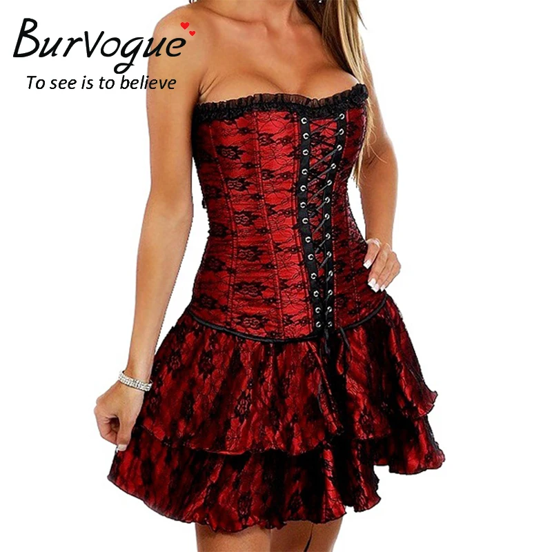 Burvogue сексуальные стимпанк Корсеты и бюстье Бурлеск Готический кружевной стимпанк корсет платье размера плюс цветочный костюм Бюстье платье