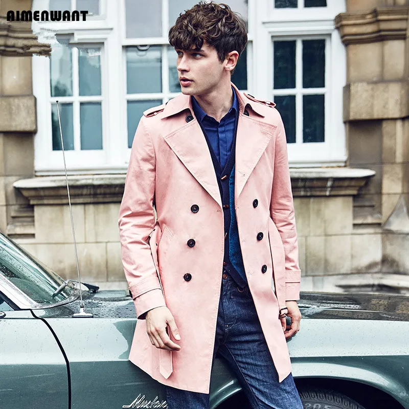 

AIMENWANT England Noble Mens Spring/Fall Double Breasted Long Pink Trench Coat Men British Top Quality Trenchcoat Gifts Overcoat
