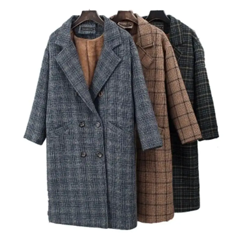 

Plaid Blazers female jacket New plus velvet thick woolen coat female long section lattice double-breasted coat women Blazers