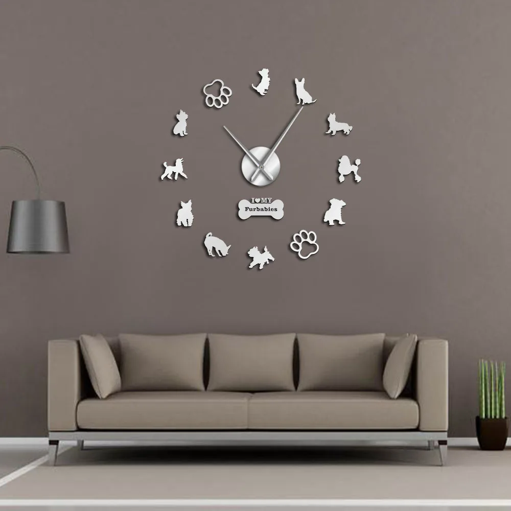 English Toy Terrier Poodles Yorkshire Terriers Mixed Dog Breeds Wall Art Home Decor DIY Giant Wall Clock Dog Pets Hanging Watch