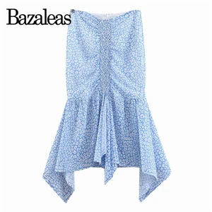 L39 blue 8937 Bazaleas, Синяя Женская юбка с цветочным принтом и высокой талией, Повседневная модная юбка русалки, винтажная юбка миди с рюшами, Прямая поставка - Цвет: L39 blue 8937