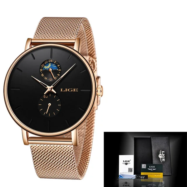 Rose gold black LIGE Fashion Casual Mens Watches Waterproof Analogue Sports Fashion Casual Mens Watches Waterproof Analogue Sports Wristwatches - Цвет: Rose gold black