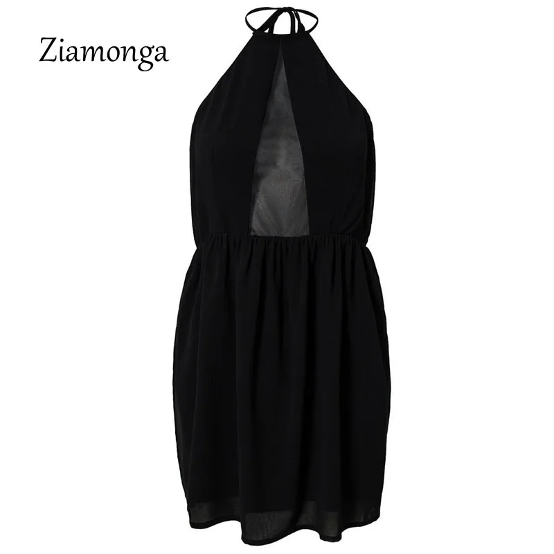 2017 модное летнее платье женское черное с лямкой через шею мини повседневное