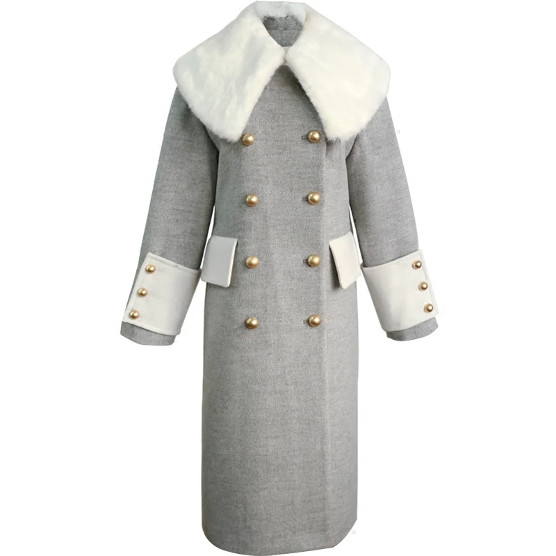 

autumn winter fashion straight women White fur collar wool coat female double breasted gray woolen coat thickening