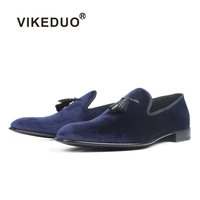 vikeduo velvet loafers shoes mens leather shoes luxury casual mans footwear blue tassel slip on shoes leather sole zapato hombre