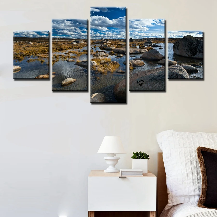 Камень в озеро голубое небо природа Настенная картина 5 панелей модульная
