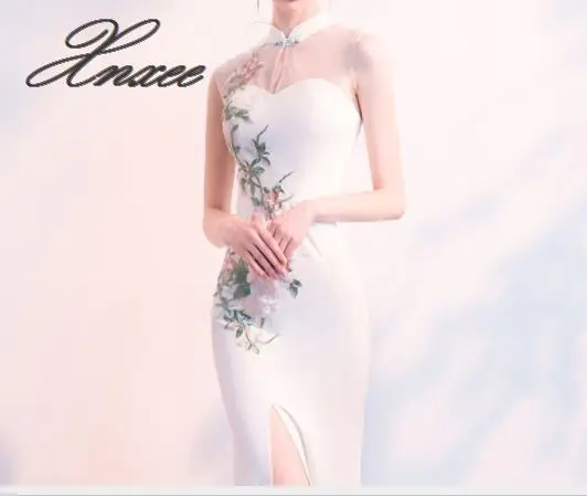 

White dress female 2020 new banquet elegant elegant sexy collar long fishtail cheongsam dress