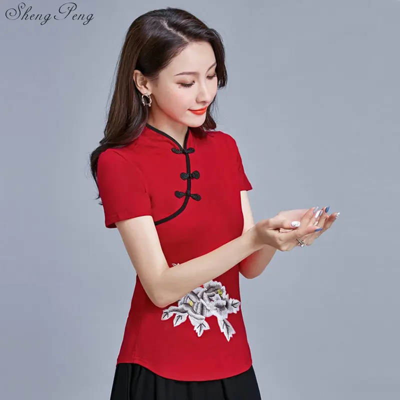Элегантное платье в стиле ретро; в китайском Для женщин Cheongsam топы с вышивкой, с принтом топы Ципао платье украшено традиционным Рубашка с короткими рукавами кофточка Ципао Q704