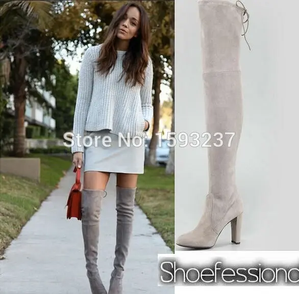 Более-сапоги черные коричневый серый женщин замши Strech сапоги на высоких каблуках
