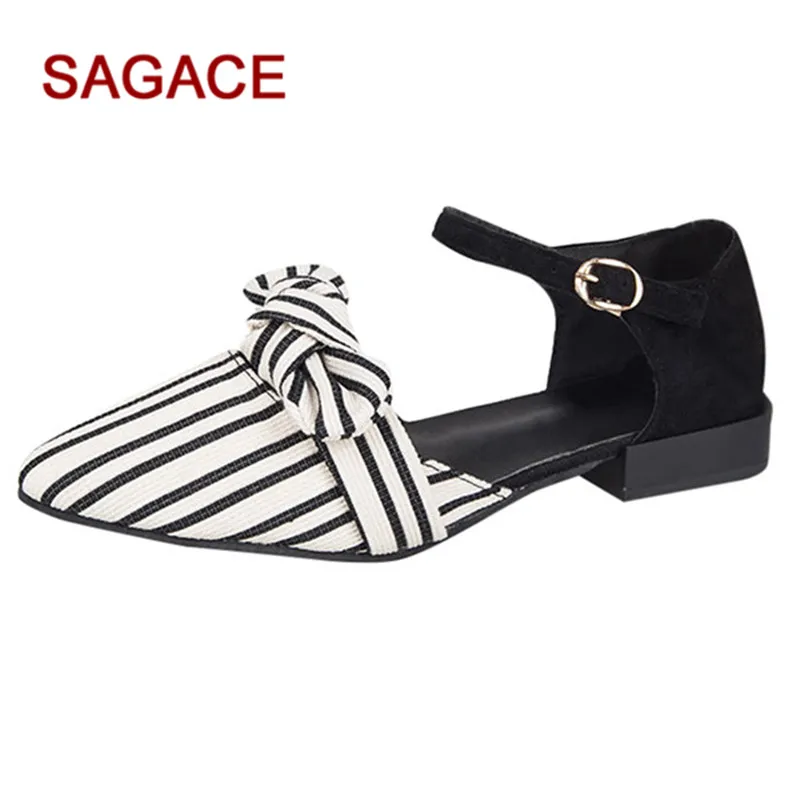 Женские сандалии SAGACE с острым носком в полоску на квадратном каблуке пряжкой