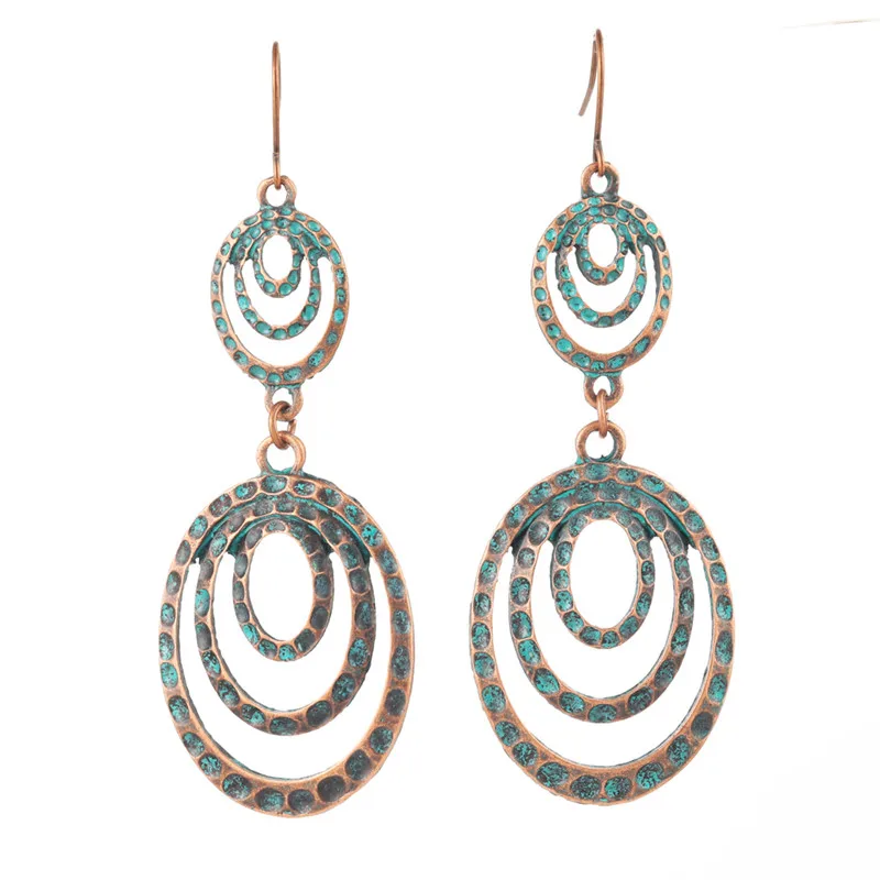 E021896 Fashion Vintage Bohemia Black Hollow Water droplets Round Circle arrow triangle Tassel Women's earrings Charm Ethnic jewelry - Окраска металла: E021896