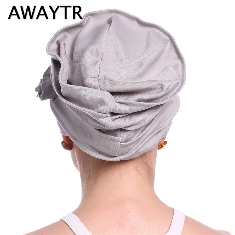 AWAYTR, 1 шт., женские модные банданы, осенне-зимний шарф, эластичная повязка на голову, тюрбан с цветком, шапка, мусульманские украшения для волос