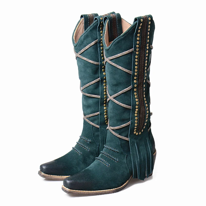 deep blue leather in Prova Perfetto; женские сапоги до колена с бахромой в стиле ретро; сапоги на высоком каблуке-столбике с заклепками; Украшенные шипами; рыцарские сапоги без застежки - Цвет: deep blue leather in