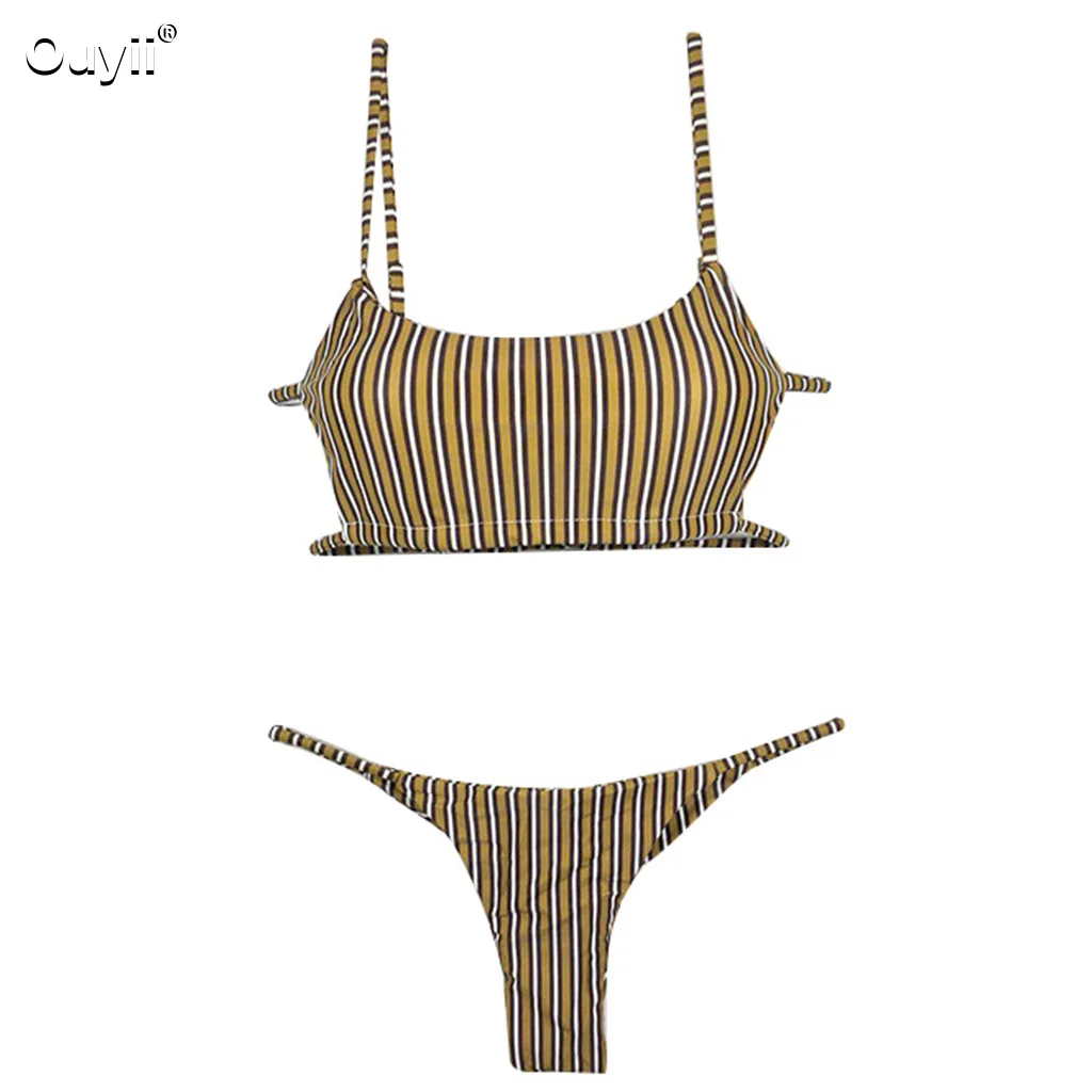 Женский купальник бикини с пуш ап коричневый в полоску на плоской подошве топ