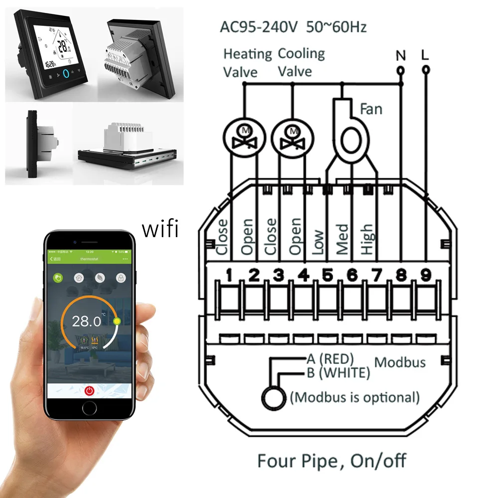 Tuya alexa программируемый WiFi центральный кондиционер термостат регулятор температуры 2 трубы 4 трубы 3 скорости вентилятора катушки блок - Цвет: BLACK 4P AND WIFI