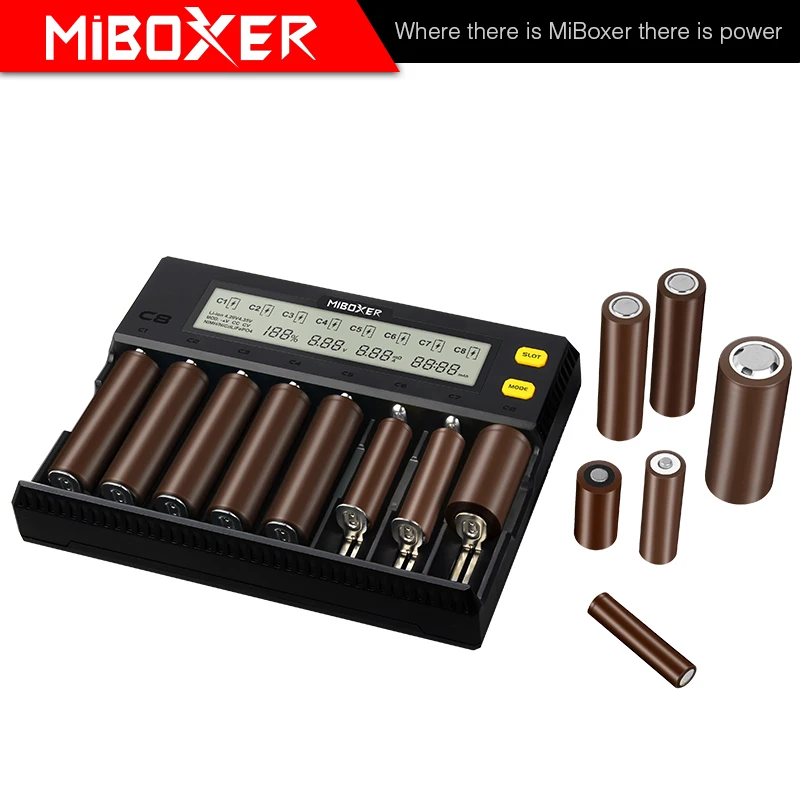 miboxer c8 intelligent charger 8 slots total 4a output smart charger for imr18650 16340 10440 aa aaa 14500 26650 and usb device free global shipping