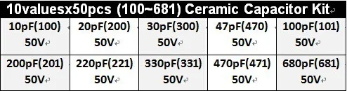 10 значений* 50 шт 10pF~ 680pF(100~ 681) многослойный/монолитный керамический конденсатор Ассорти комплект с ящиком для хранения 10 20 30 47 100 200 pF