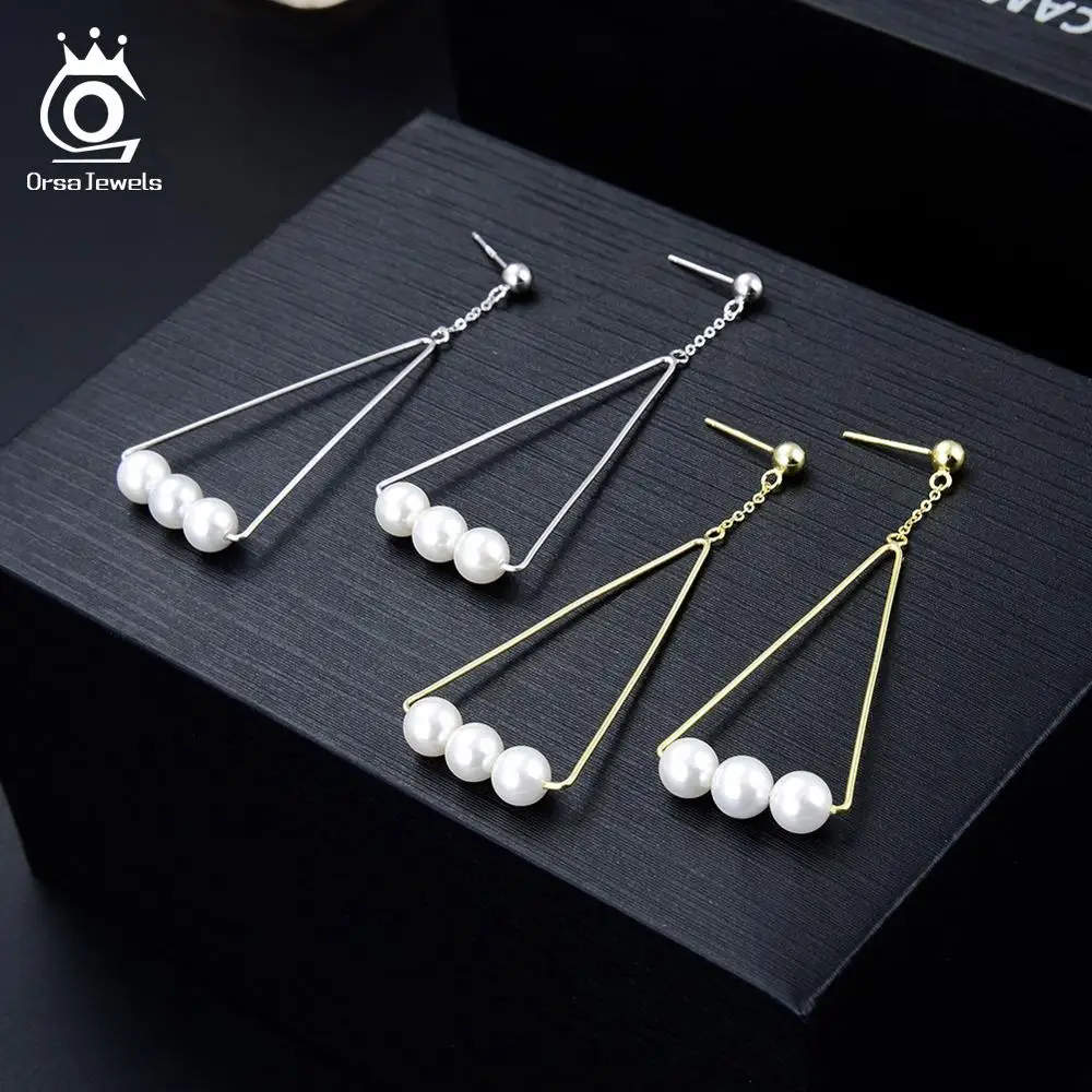 ORSA JEWELS чистое серебро 925, треугольная форма, жемчужные женские длинные висячие серьги из стерлингового серебра, новые серьги, ювелирные украшения SE152-P