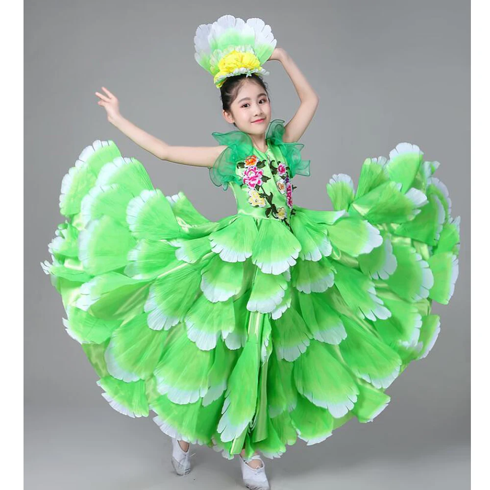 

Kids Spanish Dancer Costumes Sexy Flamenco Dancing dress Outfits Girl's Performance Flowers Ballroom Dance Dress 360 Degrees